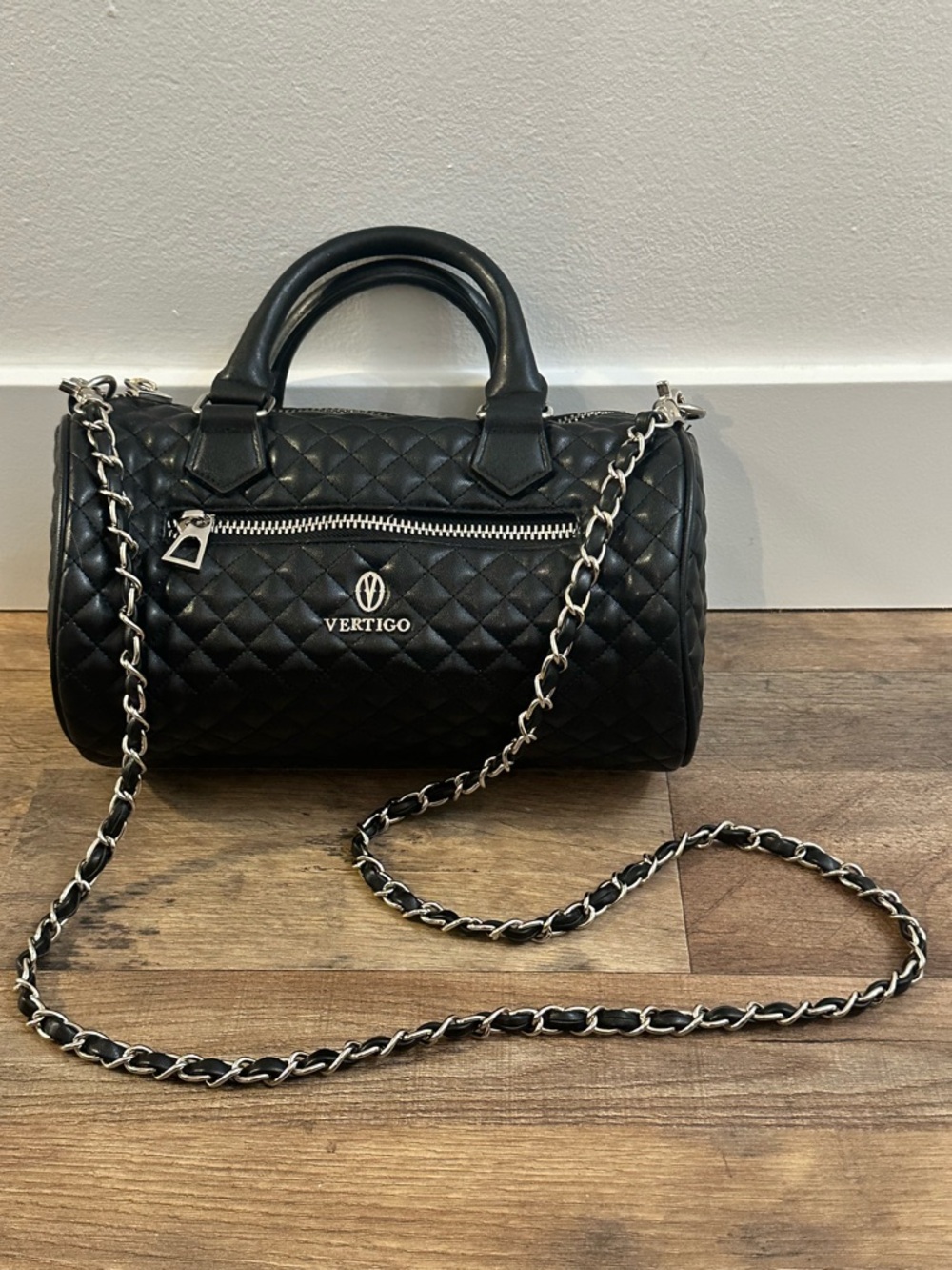 Vertigo Paris Mars Quilted Satchel Black Mini Boston Bag Chain Strap Crossbody